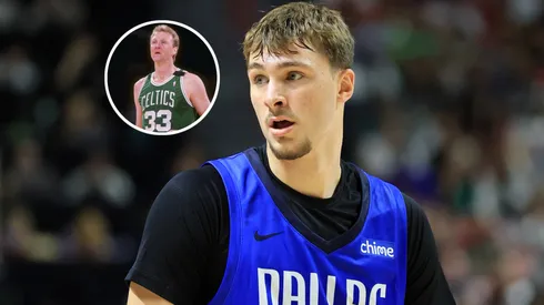 Cooper Flagg #32 of the Dallas Mavericks and Celtics' legend Larry Bird.