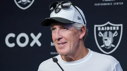Head coach Pete Carroll of the Las Vegas Raiders attends a news conference after mandatory minicamp at the Las Vegas Raiders Headquarters/Intermountain Healthcare Performance Center on June 12, 2025 in Henderson, Nevada.