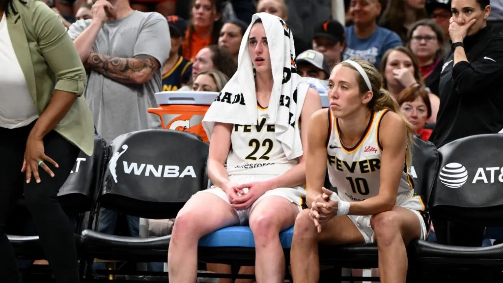 Caitlin Clark reacts after being taken out of the match vs Connecticut (Brian Fluharty/Getty Images)