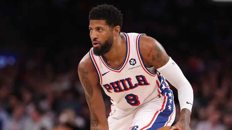 Paul George #8 of the Philadelphia 76ers in action against OG Anunoby #8 of the New York Knicks during their game at Madison Square Garden on February 26, 2025 in New York City.