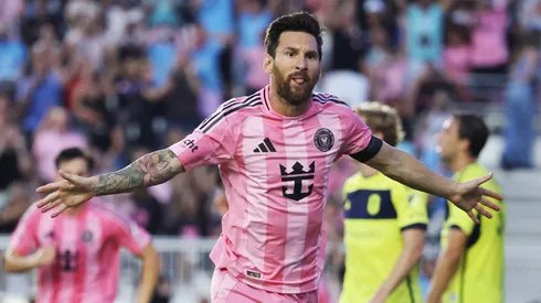 Lionel Messi celebrates a goal for Inter Miami.