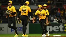 Members of the Pittsburgh Pirates celebrate following a 3-2 win over the Atlanta Braves during the game at PNC Park on May 9, 2025 in Pittsburgh, Pennsylvania.