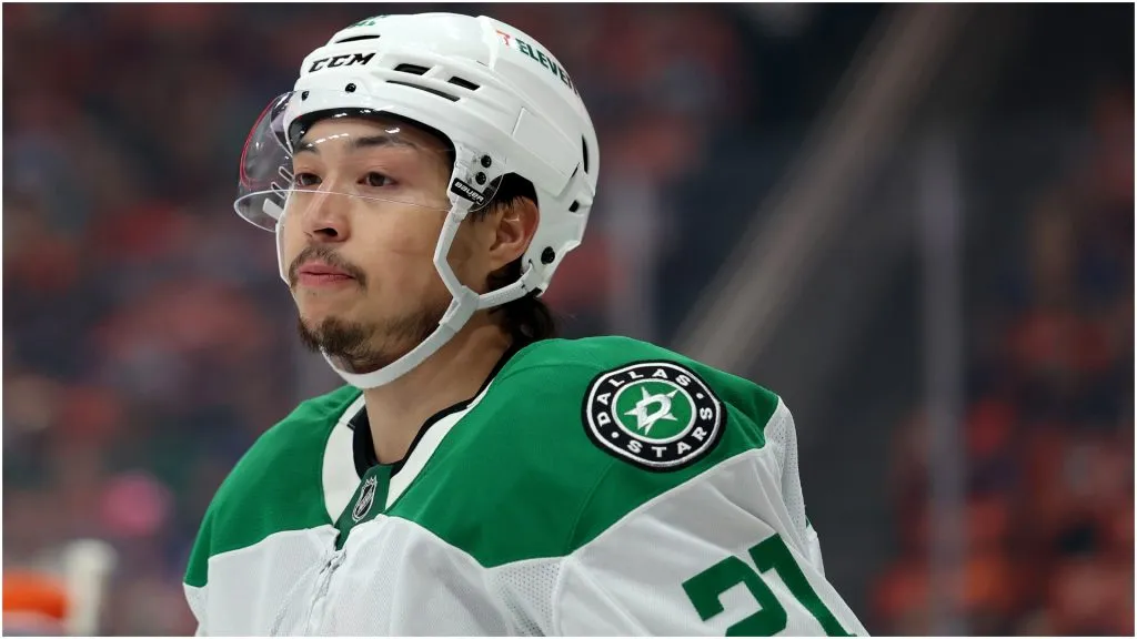 Jason Robertson #21 of the Dallas Stars looks on against the Edmonton Oilers during the first periodin Game Four of the Western Conference Final of the 2025 Stanley Cup Playoffs at Rogers Place on May 27, 2025 in Edmonton, Alberta.