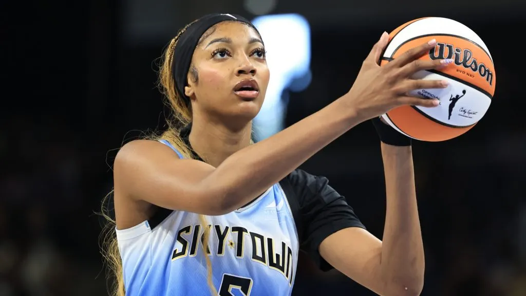 Angel Reese #5 of the Chicago Sky shoots a free-throw during the first quarter against the Minnesota Lynx&nbsp;(Geoff Stellfox/Getty Images)