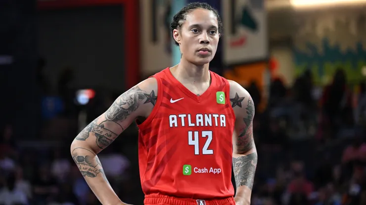 Brittney Griner #42 of the Atlanta Dream looks on against the Indiana Fever during the first quarter at Gateway Center Arena on June 10, 2025.