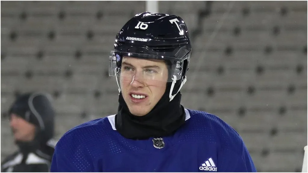 Mitchell Marner #16 the Toronto Maple Leafs skates during practice prior to playing against the Buffalo Sabres during the 2022 Tim Hortons NHL Heritage Classic at Tim Hortons Field on March 12, 2022 in Hamilton, Ontario, Canada.