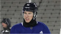 Mitchell Marner #16 the Toronto Maple Leafs skates during practice prior to playing against the Buffalo Sabres during the 2022 Tim Hortons NHL Heritage Classic at Tim Hortons Field on March 12, 2022 in Hamilton, Ontario, Canada.