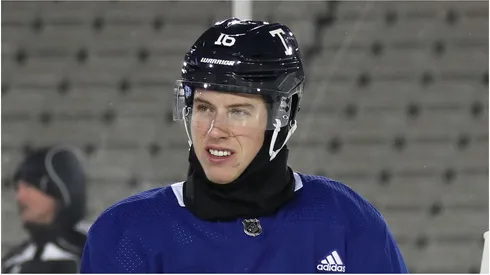 Mitchell Marner #16 the Toronto Maple Leafs skates during practice prior to playing against the Buffalo Sabres during the 2022 Tim Hortons NHL Heritage Classic at Tim Hortons Field on March 12, 2022 in Hamilton, Ontario, Canada.