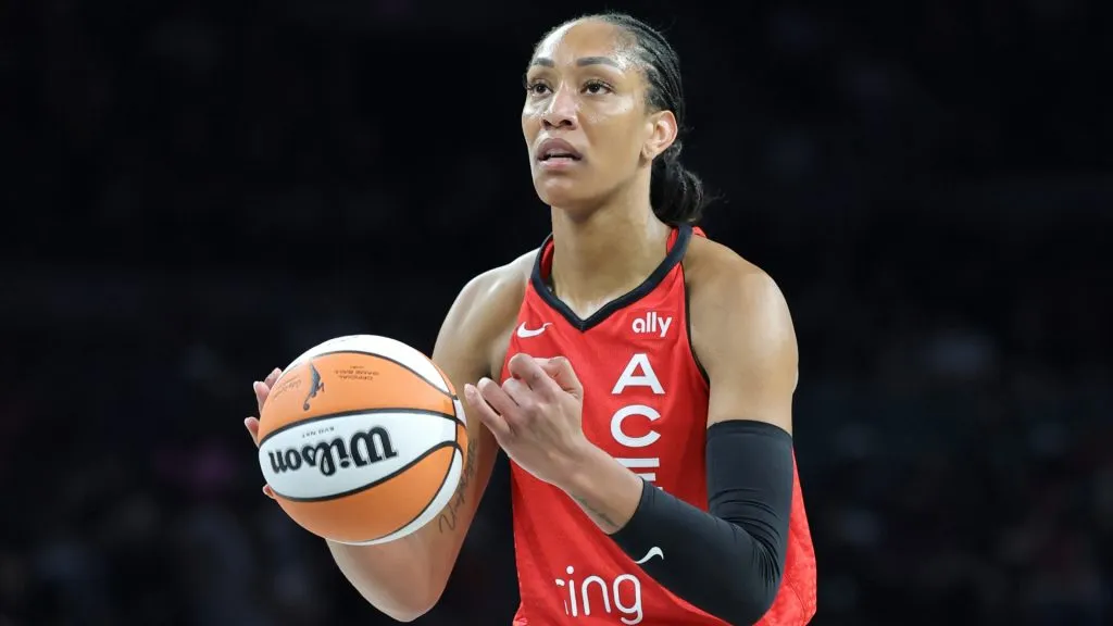 A’ja Wilson #22 of the Las Vegas Aces shoots a free throw against the Washington Mystics in the first quarter of their game at Michelob ULTRA Arena on June 26, 2025. (Source: Ethan Miller/Getty Images)