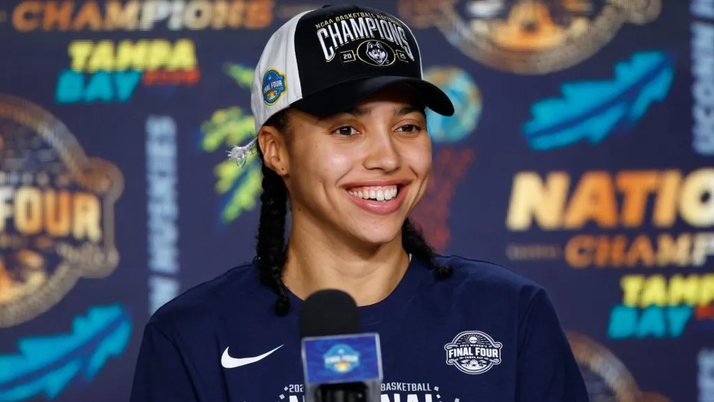 Azzi Fudd speaks to the media during a press conference after beating the South Carolina Gamecocks to win the National Championship of the NCAA Women’s Basketball Tournament in 2025. (Source: Mike Ehrmann/Getty Images)