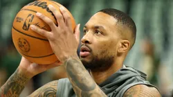 Damian Lillard #0 of the Milwaukee Bucks warms up before Game Four of the Eastern Conference First Round NBA Playoffs against the Indiana Pacers.