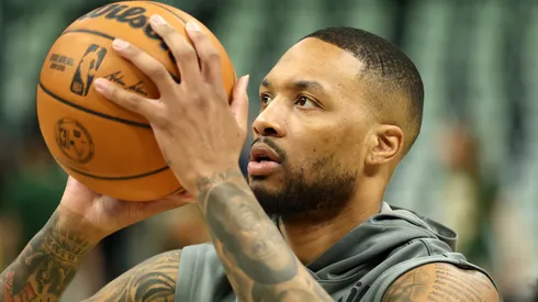 Damian Lillard #0 of the Milwaukee Bucks warms up before Game Four of the Eastern Conference First Round NBA Playoffs against the Indiana Pacers.