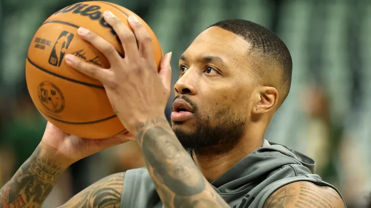 Damian Lillard #0 of the Milwaukee Bucks warms up before Game Four of the Eastern Conference First Round NBA Playoffs against the Indiana Pacers.