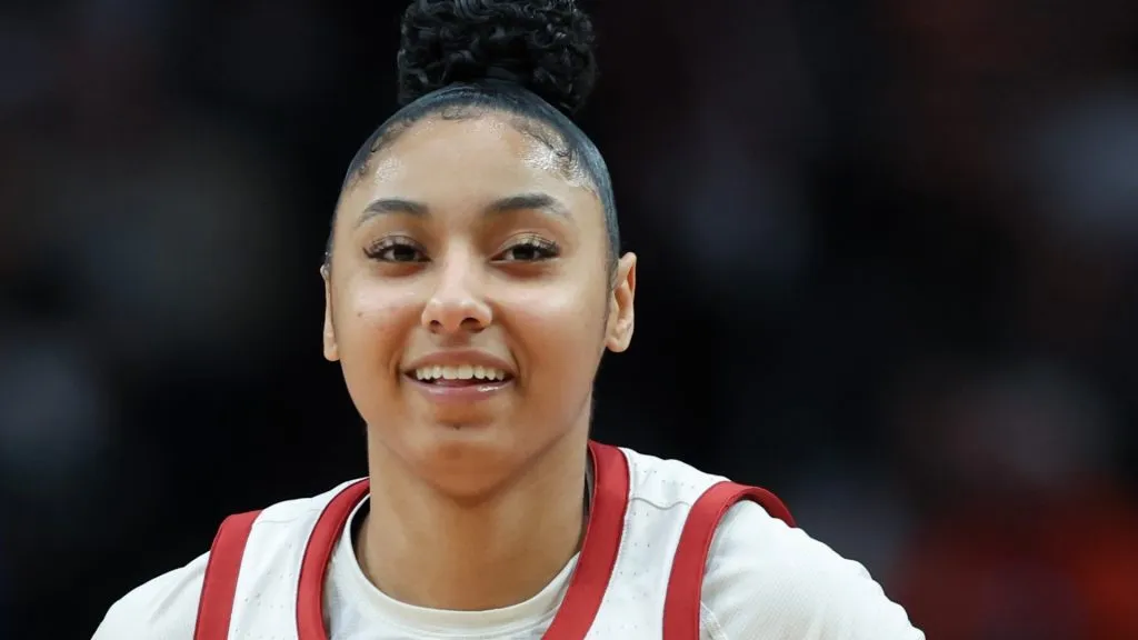 JuJu Watkins smiles after a play during the second half against the Baylor Lady Bears in the Sweet 16 round of the NCAA Women’s Basketball Tournament on March 30, 2024. (Source: Steph Chambers/Getty Images)