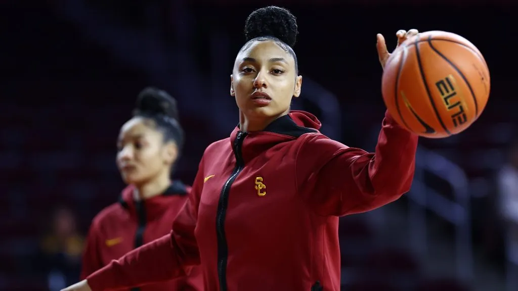 JuJu Watkins #12 of the USC Trojans warms up prior to the game against the Penn State Lady Lions at Galen Center on January 12, 2025. (Source: Luiza Moraes/Getty Images)