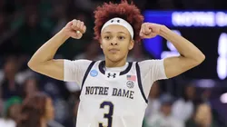 Hannah Hidalgo #3 of the Notre Dame Fighting Irish celebrates a basket against the Stephen F. Austin Ladyjacks during the first half in the first round of the NCAA Women's Basketball Tournament in 2025.
