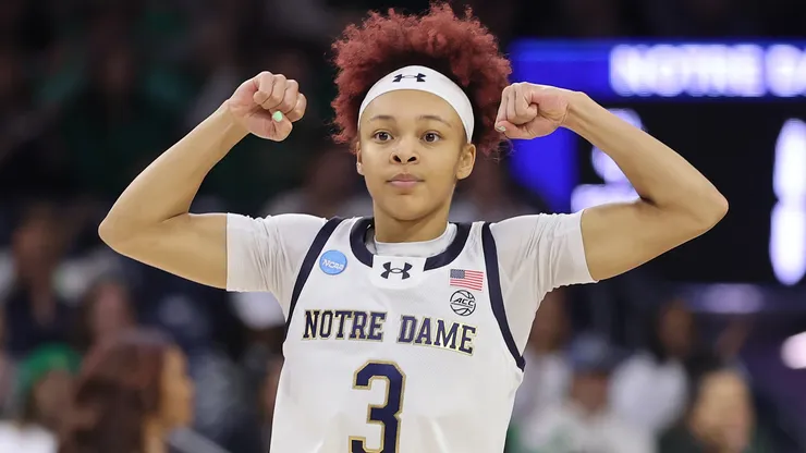 Hannah Hidalgo #3 of the Notre Dame Fighting Irish celebrates a basket against the Stephen F. Austin Ladyjacks during the first half in the first round of the NCAA Women's Basketball Tournament in 2025.