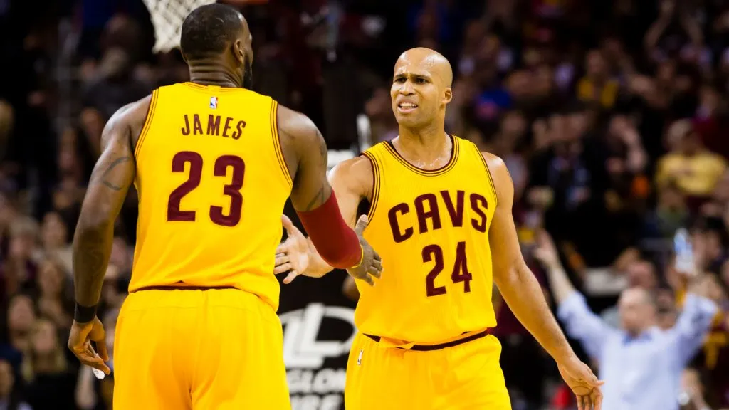 LeBron James #23 of the Cleveland Cavaliers and Richard Jefferson #24 celebrate after a play during the first half against the Washington Wizards. (Jason Miller/Getty Images)