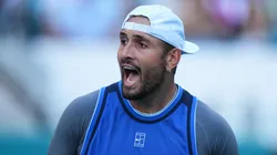 Nick Kyrgios of Australia reacts against Mackenzie McDonald of the United States during the Miami Open.