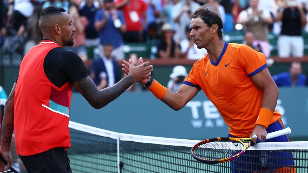 Rafael Nadal of Spain shakes hands at the net after his three set victor against Nick Kyrgios of Australia at Indian Wells. (Clive Brunskill/Getty Images)