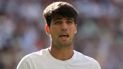 Carlos Alcaraz of Spain reacts as he plays against Jannik Sinner of Italy during the Wimbledon final.