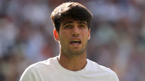 Carlos Alcaraz of Spain reacts as he plays against Jannik Sinner of Italy during the Wimbledon final.