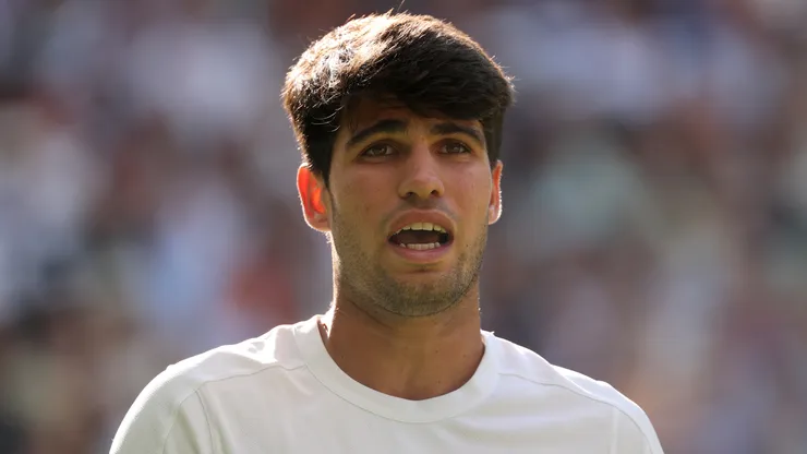 Carlos Alcaraz of Spain reacts as he plays against Jannik Sinner of Italy during the Wimbledon final.