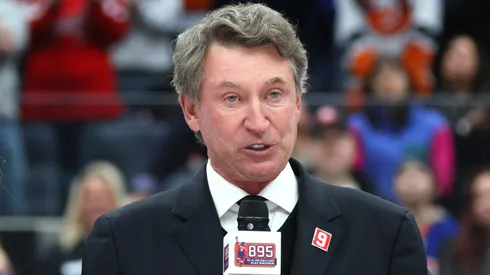 Former NHL player Wayne Gretzky speaks during the celebration after Alex Ovechkin #8 of the Washington Capitals scores his 895th career goal during the second period against the New York Islanders at UBS Arena on April 06, 2025 in Elmont, New York.