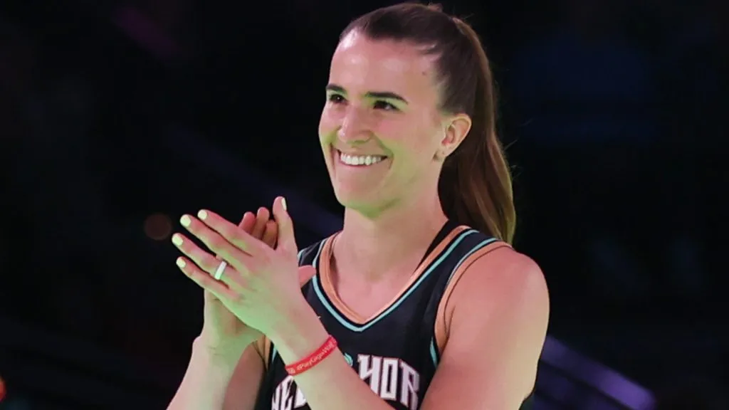 Sabrina Ionescu #20 of the New York Liberty reacts during a 3-point challenge against Stephen Curry during the State Farm All-Star Saturday Night on February 17, 2024. (Source: Stacy Revere/Getty Images)