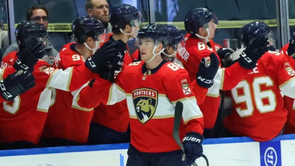 Wilmer Skoog celebrating a goal for the Florida Panthers in a preseason game ahead of the 2023-24 NHL season.