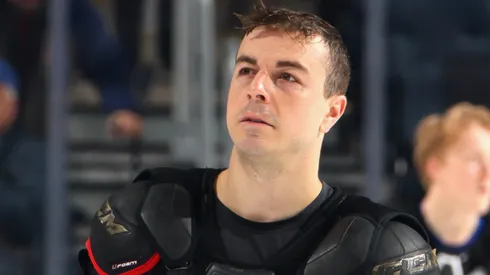Jean-Gabriel Pageau #44 of the New York Islanders leaves the ice following the last home game against the Washington Capitals at UBS Arena on April 15, 2025 in Elmont, New York.
