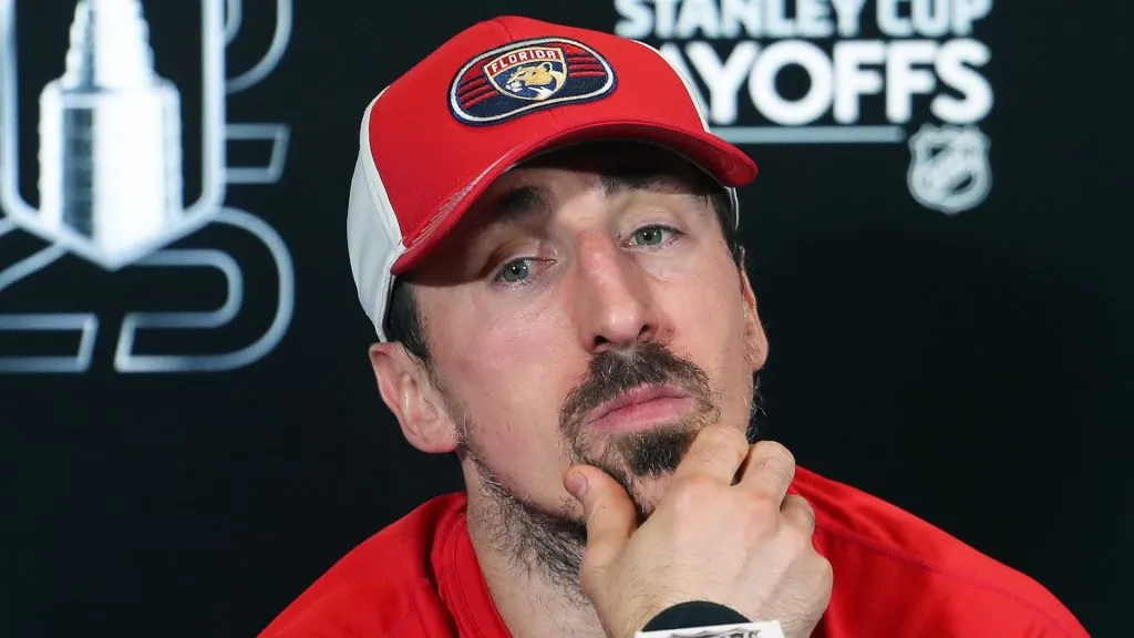Brad Marchand #63 of the Florida Panthers takes questions from the media after defeating the Toronto Maple Leafs in Game Seven of the Second Round of the 2025 Stanley Cup Playoffs at Scotiabank Arena on May 18, 2025 in Toronto, Ontario, Canada.