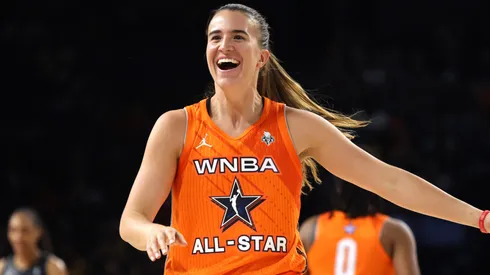 Sabrina Ionescu #20 of Team Stewart reacts after scoring during the 2023 WNBA All-Star game at Michelob ULTRA Arena on July 15, 2023.