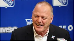 Head coach Gerard Gallant of the New York Rangers speaks with the media prior to the game against the Carolina Hurricanes at Madison Square Garden on April 26, 2022 in New York City.