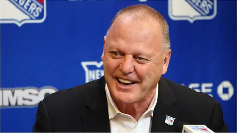 Head coach Gerard Gallant of the New York Rangers speaks with the media prior to the game against the Carolina Hurricanes at Madison Square Garden on April 26, 2022 in New York City.