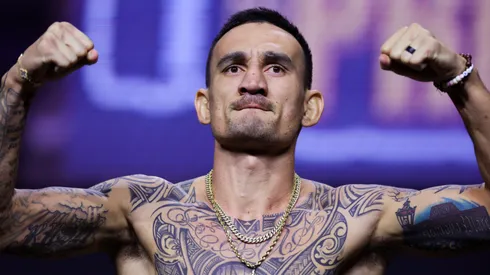 Max Holloway stands on the scale during the UFC 300 ceremonial weigh-in at MGM Grand Garden Arena on April 12, 2024.