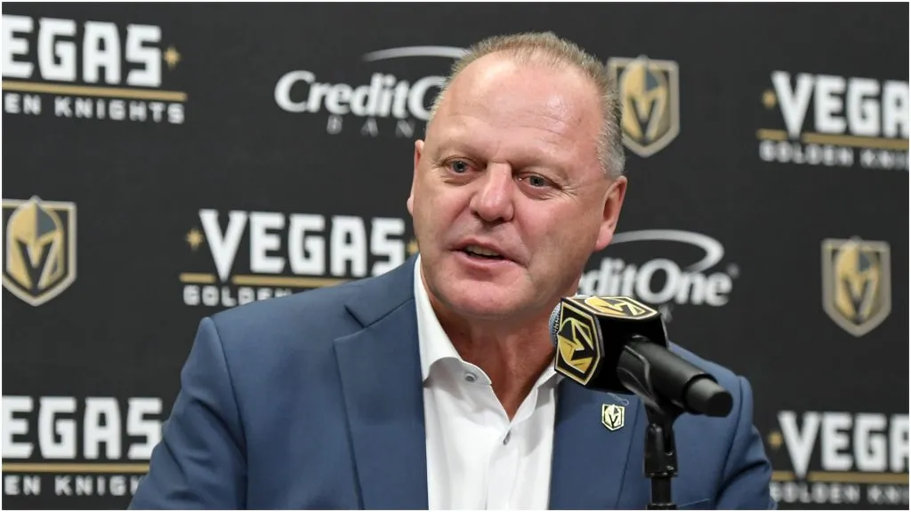 Head coach Gerard Gallant of the Vegas Golden Knights takes questions during a news conference following the team’s 5-2 victory over the Anaheim Ducks at T-Mobile Arena on October 27, 2019 in Las Vegas, Nevada.