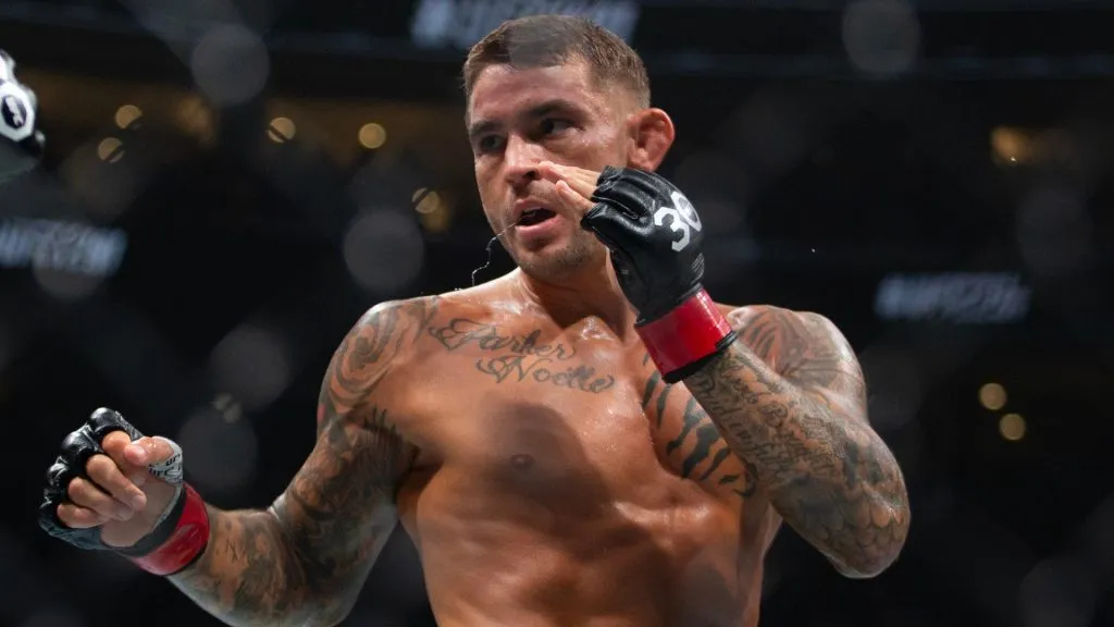 Dustin Poirier sets to punch against Justin Gaethje during their Lightweight fight at UFC 291 at the Delta Center July 29, 2023. (Source: Chris Gardner/Getty Images)