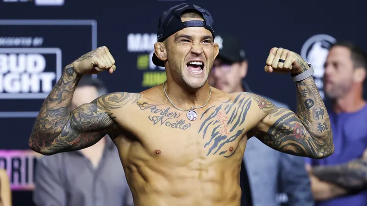 Dustin Poirier weighs in during the UFC 302 Ceremonial Weigh-in at Prudential Center on May 31, 2024.