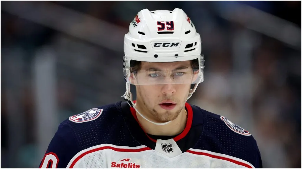 Yegor Chinakhov #59 of the Columbus Blue Jackets looks on during the first period against the Seattle Kraken at Climate Pledge Arena on January 28, 2024 in Seattle, Washington.