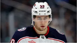 Yegor Chinakhov #59 of the Columbus Blue Jackets looks on during the first period against the Seattle Kraken at Climate Pledge Arena on January 28, 2024 in Seattle, Washington.