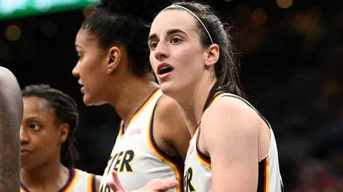 Caitlin Clark #22 of the Indiana Fever reacts to a call during the second half of a game against the Connecticut Sun at the TD Garden on July 15, 2025.
