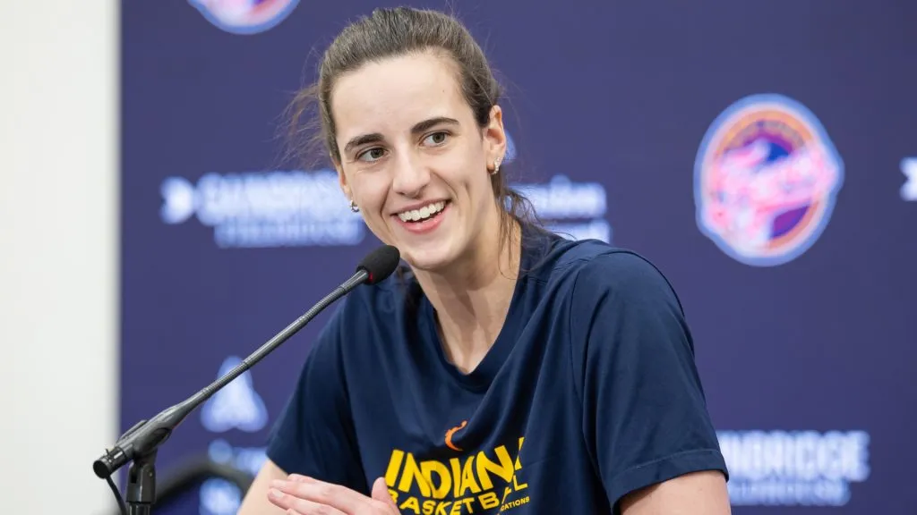Caitlin Clark #22 of the Indiana Fever speaks to the media before the game against the Golden State Valkyries at Gainbridge Fieldhouse on July 9, 2025. (Source: Michael Hickey/Getty Images)