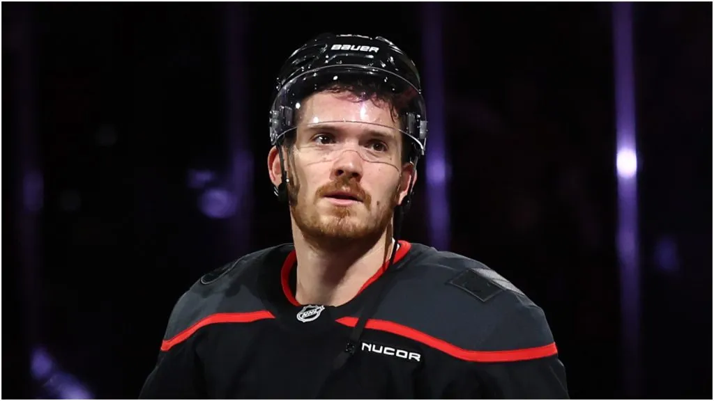 Jack Roslovic #96 of the Carolina Hurricanes reacts as he is named 