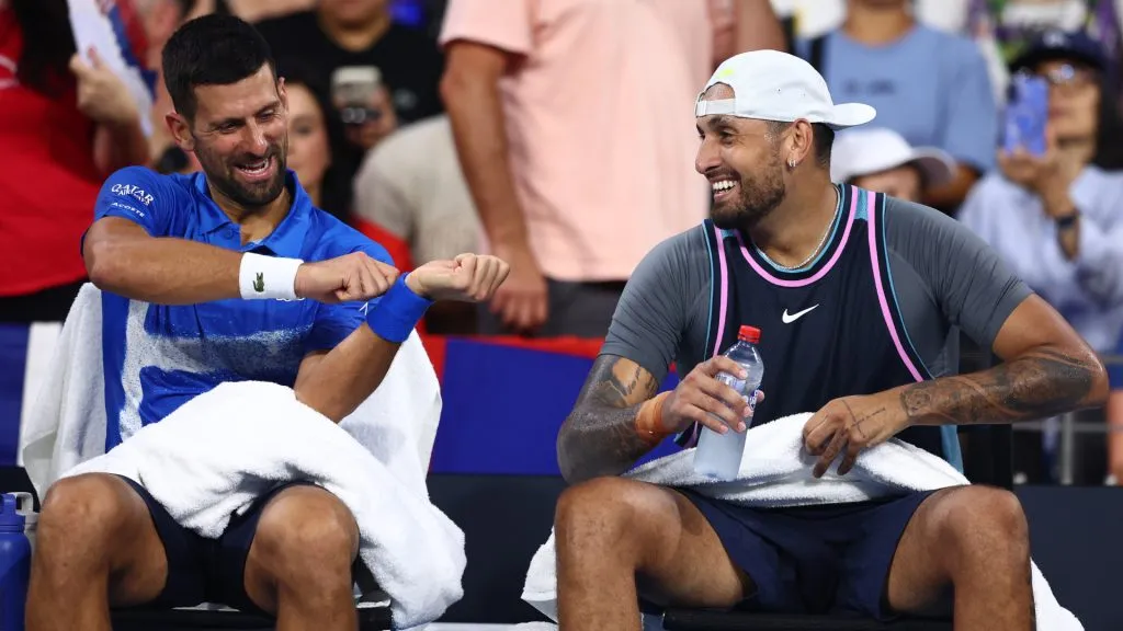 Novak Djokovic and Nick Kyrgios talk during the Men’s Doubles match at the 2025 Brisbane International. (Chris Hyde/Getty Images)