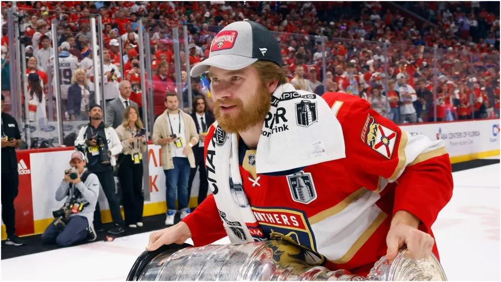Tobias Bjornfot #2 of the Florida Panthers celebrates with the Stanley Cup following a 2-1 victory over the Edmonton Oilers in Game Seven of the 2024 NHL Stanley Cup Final at Amerant Bank Arena on June 24, 2024 in Sunrise, Florida.