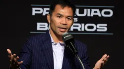 Manny Pacquiao speaks during a news conference at MGM Grand Hotel & Casino on July 16, 2025.
