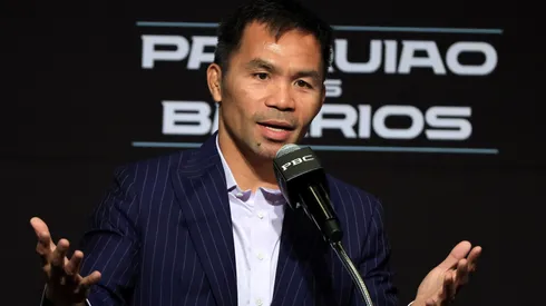Manny Pacquiao speaks during a news conference at MGM Grand Hotel & Casino on July 16, 2025.