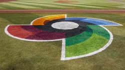 The World Baseball Classic logo is seen on Chase Field before the Pool C game between Team Canada and Team Colombia on March 14, 2023 in Phoenix, Arizona. Canada beat Colombia 5-0.