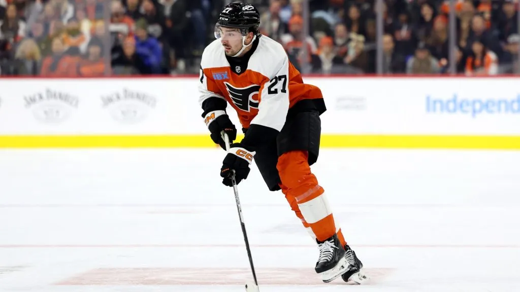 Noah Cates #27 of the Philadelphia Flyers skates during a game against the Columbus Blue Jackets at the Wells Fargo Center on December 21, 2024 in Philadelphia, Pennsylvania. (Photo by Emilee Chinn/Getty Images)